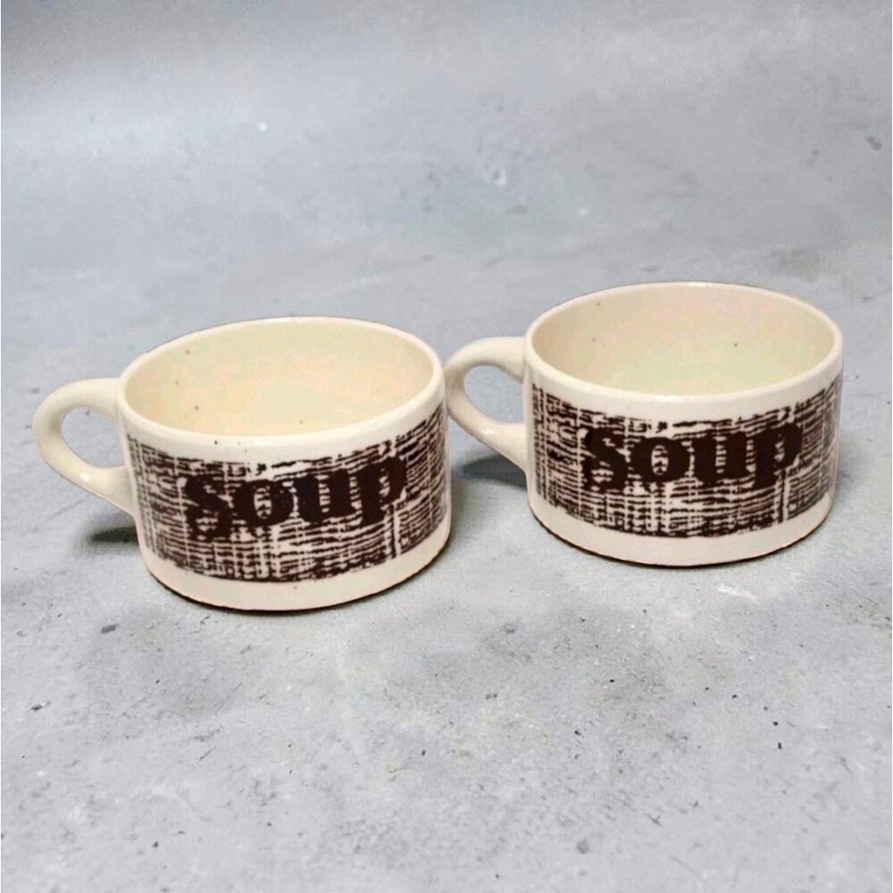 Vintage 1970s Stoneware Soup Mugs Set of 2 Brown Cream USA Retro Kitchen Bowl